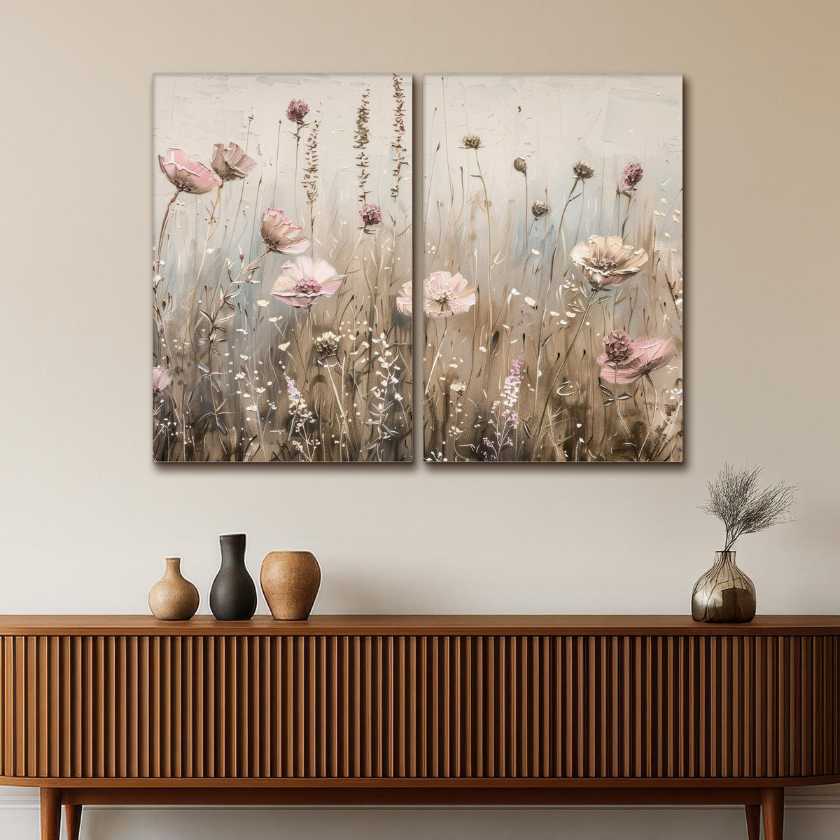 LEINWANDBILD 2er Set Blumen - Beige - Modern - Rosa 120x90 cm - Ecru, Textil (120/90cm) - MuchoWow
