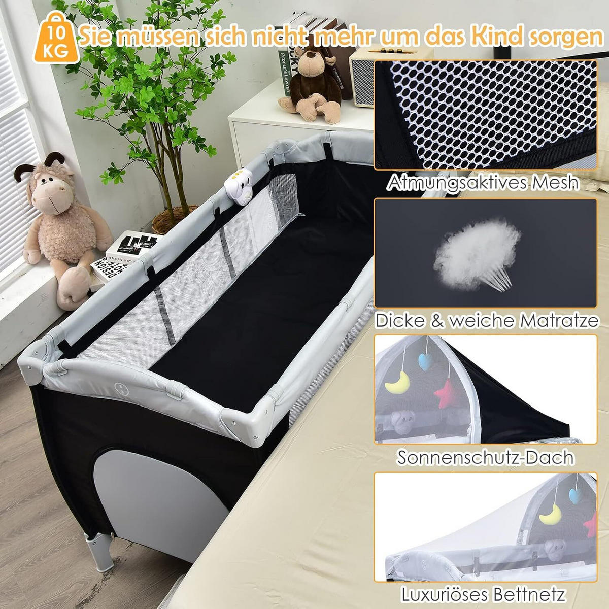 REISEBETT faltbar schwarz - Schwarz, Textil - COSTWAY