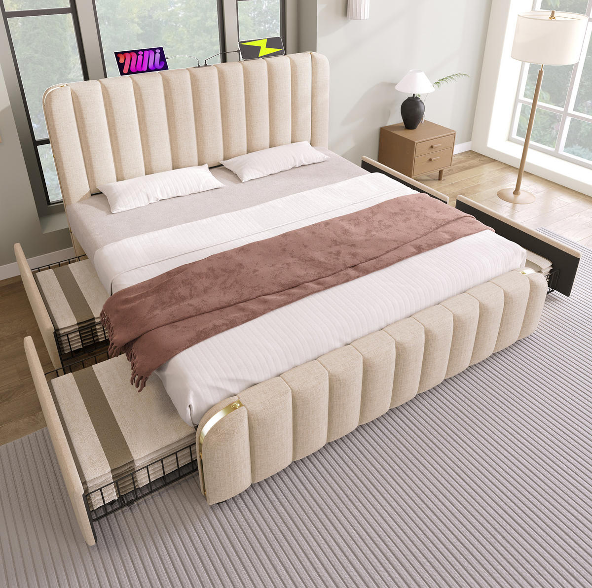 ČALÚNENÁ posteľ z ľanu, 215/187/101 cm béžová, s USB-C a 4 zásuvkami - béžová, textil (180/200cm) - BEAOK