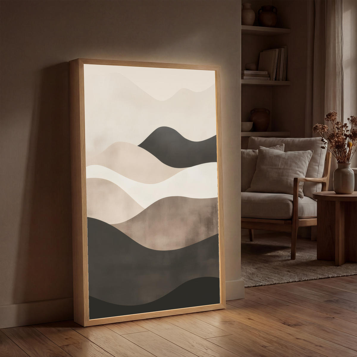 NÁSTĚNNÁ LAMPA S AKUMULÁTOREM Abstraktní - Krajina - Vlny - Krémová barva 70x100 cm - šedohnědá, kompozitní dřevo (70/100/8cm) - OnlyWow
