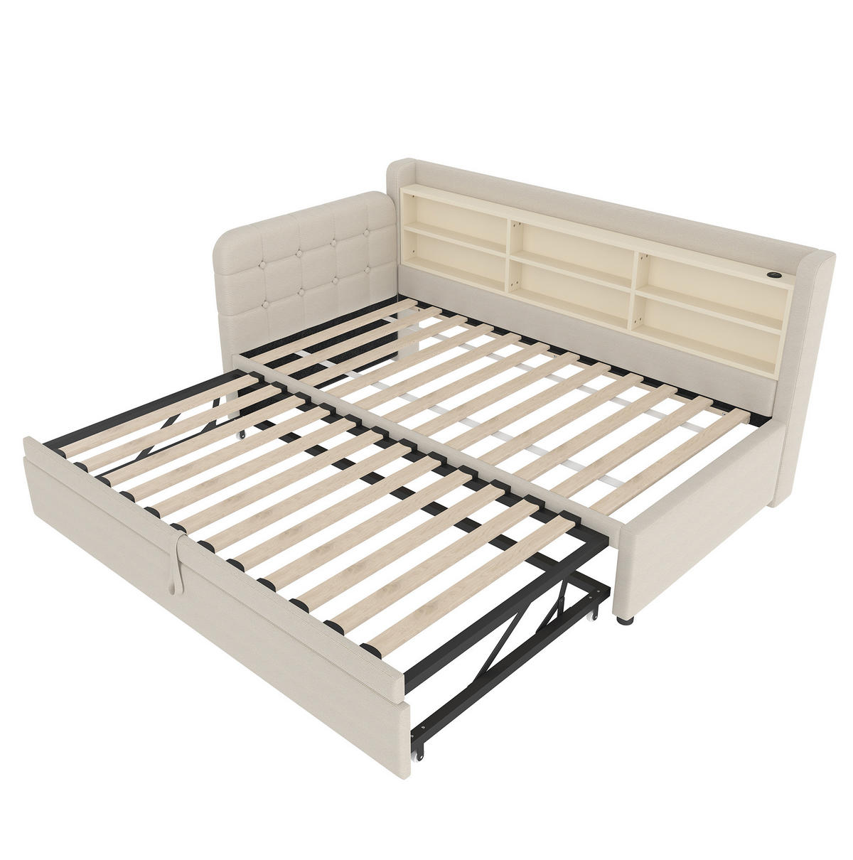 POLSTERBETT aus Leinen 90x200 cm in Beige mit Ausziehbett, USB & Typ-C - Beige, Textil (90/200cm) - Modfu