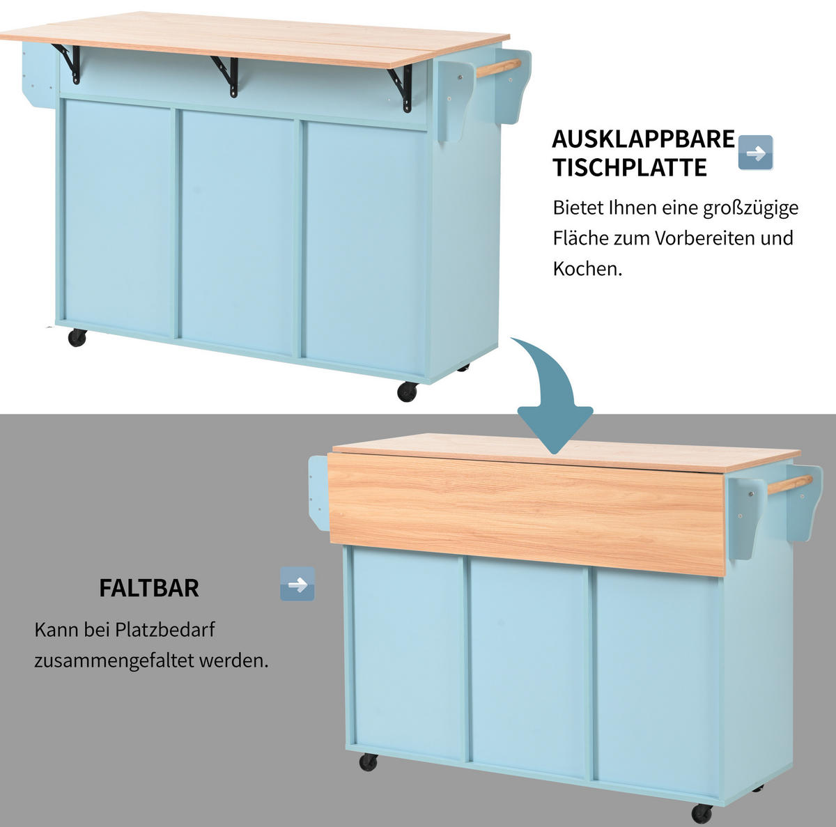 KÜCHENWAGEN mit Klappplatte 139 x 46(71) x 91,5 cm Blau - Blau, Holz (46/91.5/139cm) - Beauniv