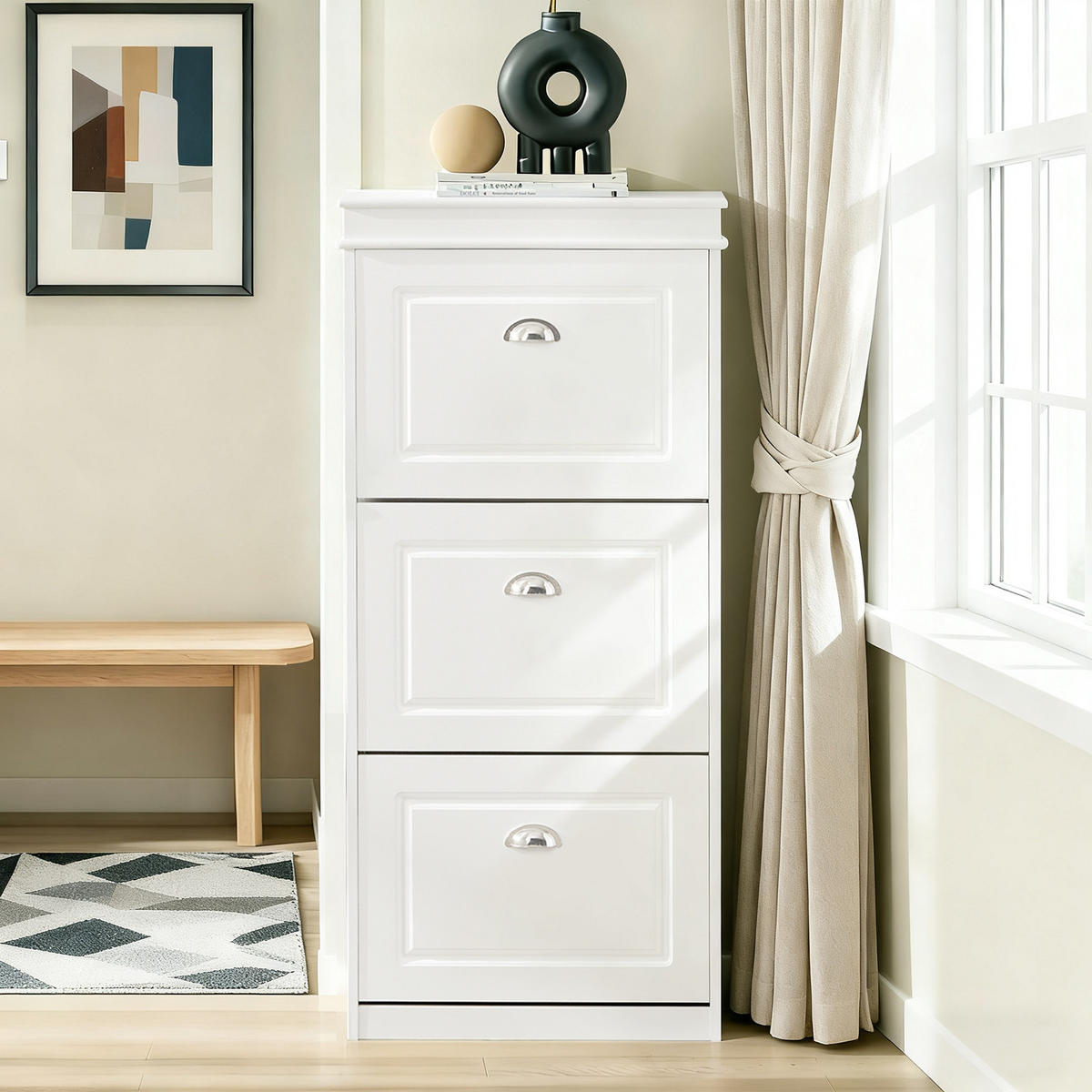 SCHUHSCHRANK mit 3 Klappen, Schuhkipper Weiß - Weiß, Holzwerkstoff (53/117/24cm) - SoBuy