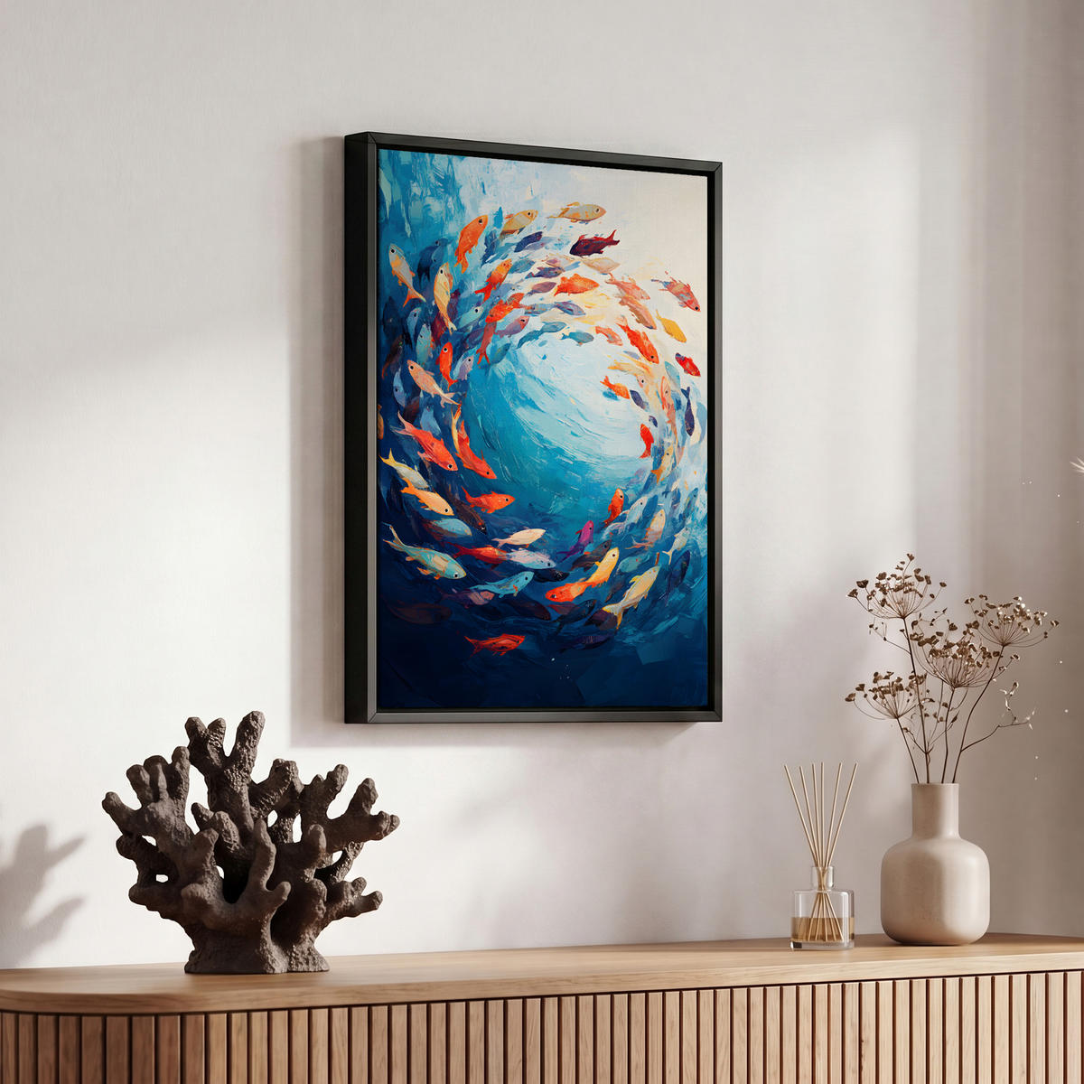 LEINWAND Bilder mit Rahmen - Meer - Fische - Bunt - Dynamisch - 20x30 - Hellblau, Textil (20/30cm) - MuchoWow