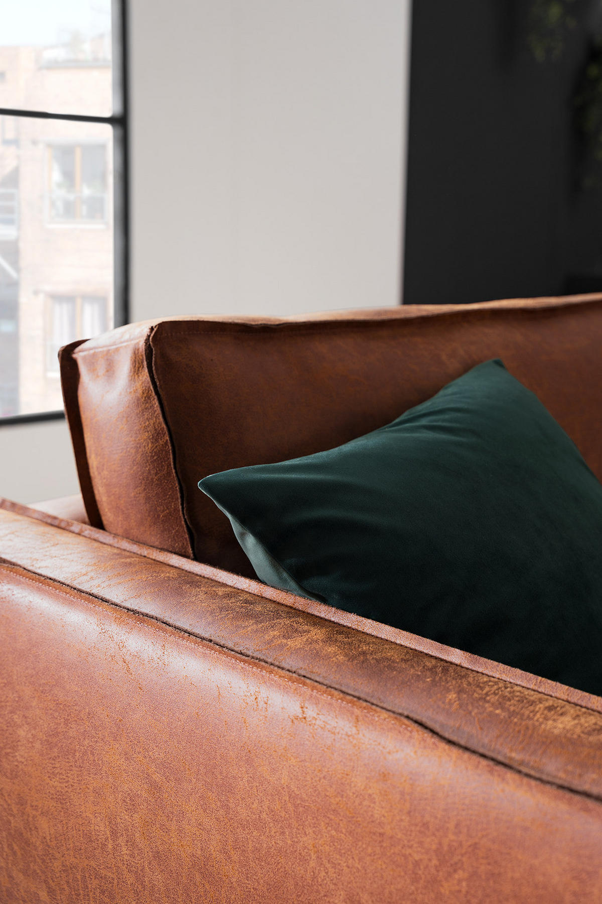 3-SITZER SOFA - Cognac/Schwarz, Leder/Textil (207/81/96cm) - home24