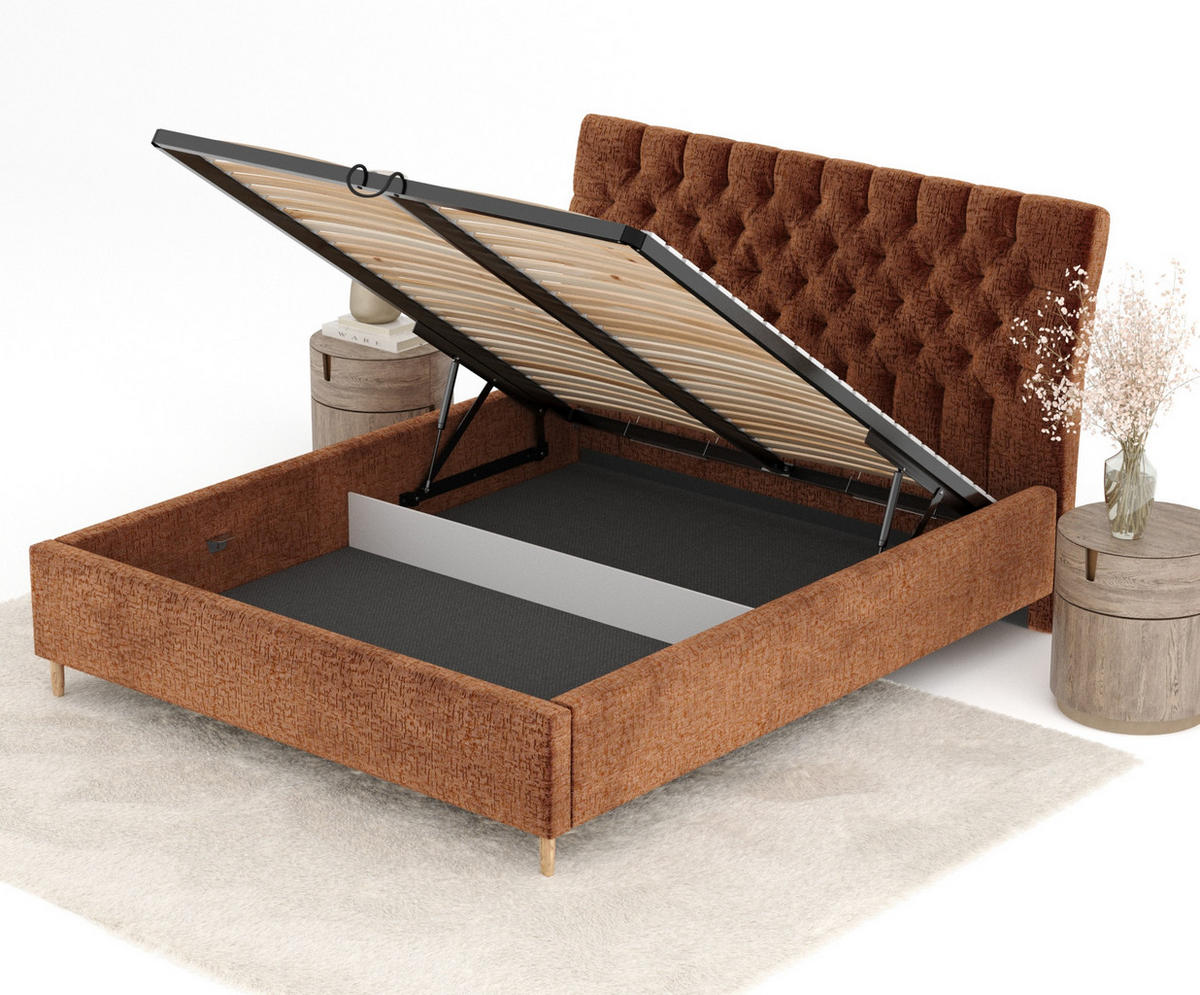 POLSTERBETT Vezzola Dunkelorange 180/200 cm im Chenille-Stoff - Dunkelorange/Naturfarben, Holz/Holzwerkstoff (180/200cm) - Maison de Reve