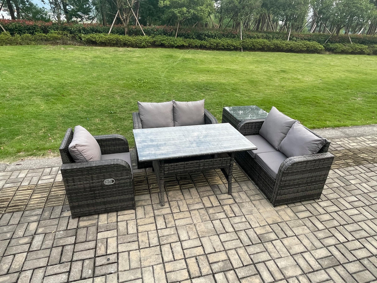 Gartenmöbelset mit Esstisch,Hocker,Beistelltisch Polyrattan Dunkelgrau 5-Sitzer - Dunkelgrau/Grau, Glas/Kunststoff - Fimous
