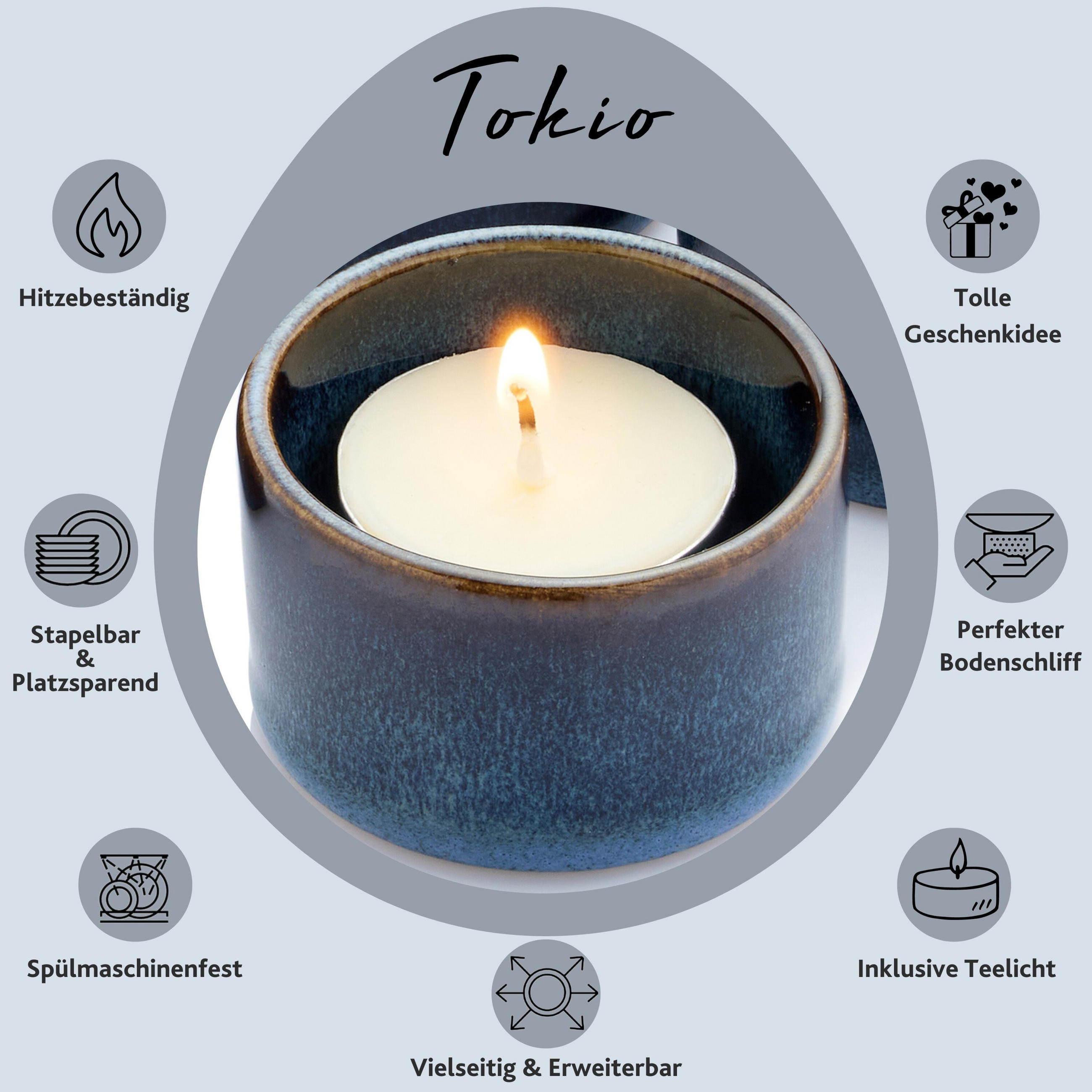 TEELICHTHALTER SET TOKIO - 8 teilig inkl. Kerzen - Dunkelblau, Stein (3.2cm) - Sänger