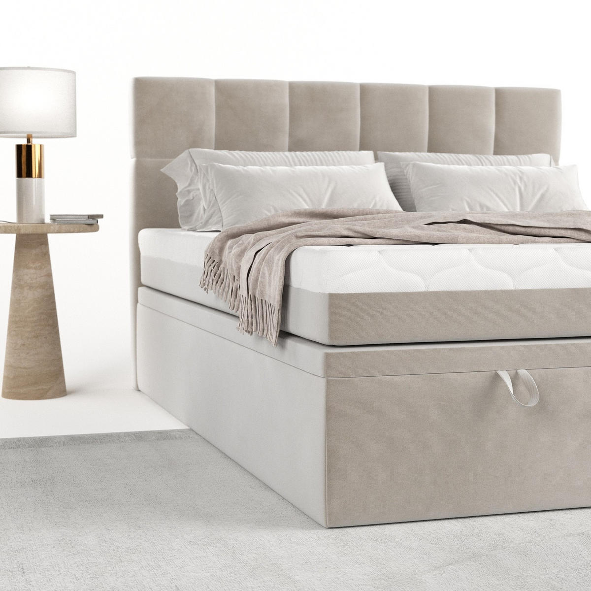 BOXBETT Elano 200/200 cm Hellbeige im Paros Stoff - Beige/Schwarz, Holz/Holzwerkstoff (200/200cm) - AltaBeds