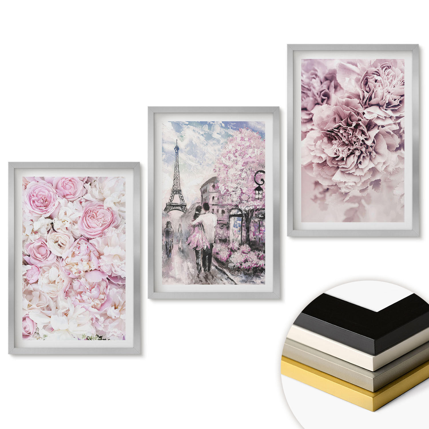 WANDBILDER 3er Set - 40x60 cm Silberner Rahmen - Blumenlandschaft in Rosatönen - Silberfarben, Kunststoff (40/60cm) - ArtPrintCave