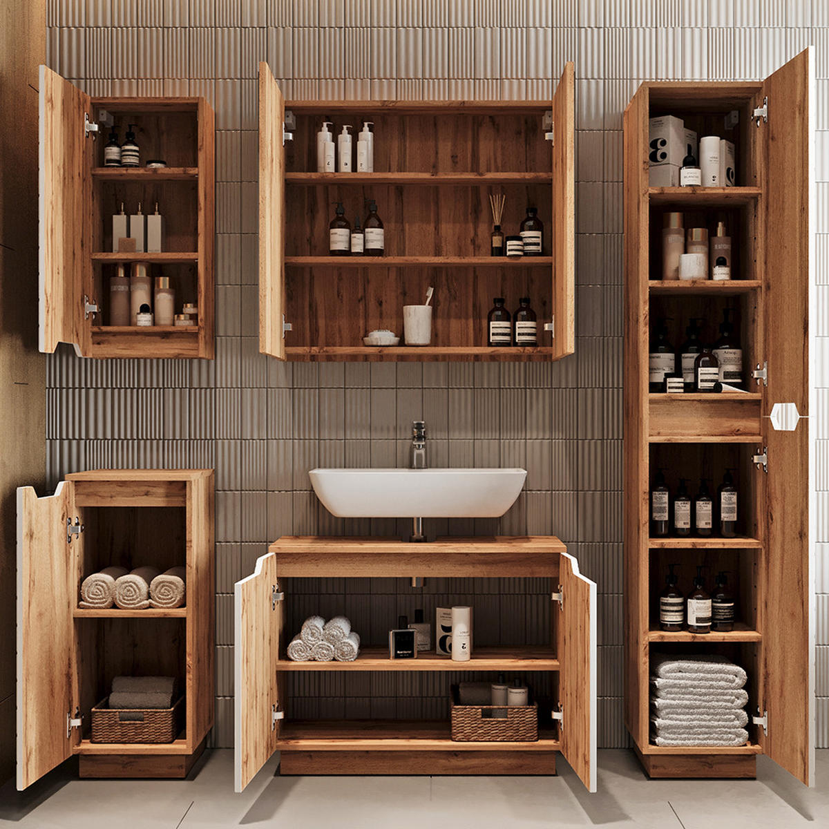 WASCHBECKENUNTERSCHRANK Lotta Eiche/weiß gestreift 79.6 x 62.1 cm mit 2 Türen - Eichefarben/Weiß, Holzwerkstoff (79.6/62.1/32cm) - Vicco