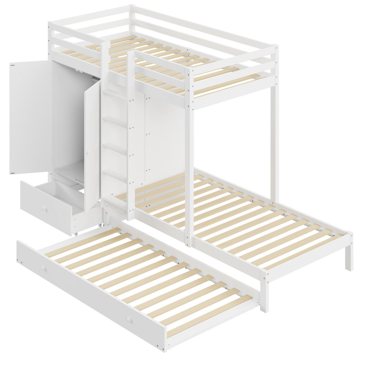 ETAGENBETT aus Massivholz 90x200 cm Weiß mit Ausziehbett, Kleiderschrank, Schubladen und Ablage - Weiß, Holz (90/200cm) - Modfu