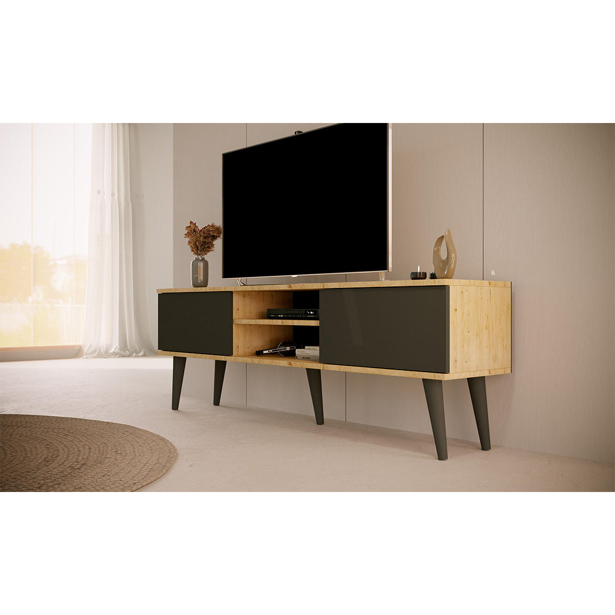 TV-MÖBEL Toronto Schwarz und Holz - Schwarz/Braun, Holzwerkstoff (160/55/35cm) - Petits-meubles