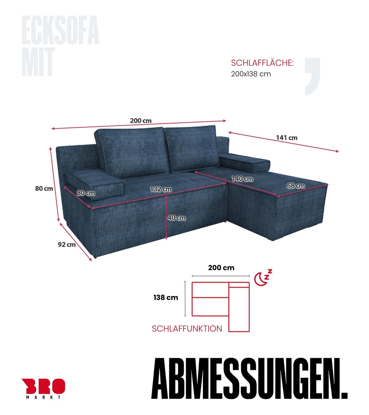 ECKSOFA Caspar mit Schlaffunktion Blau Cord - Blau, Textil (200/141cm) - Bromarkt