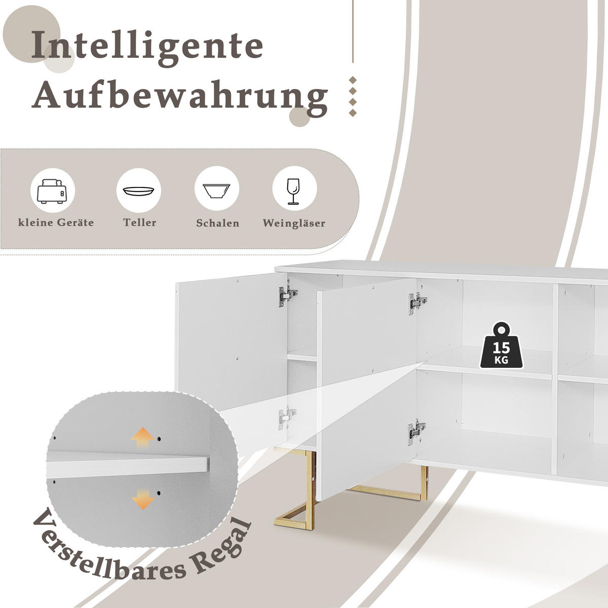 SIDEBOARD in Weiß Anrichte mit 3 Türen und verstellbaren Regalen für Esszimmer und Küche, B138/T40/H80.5 cm - Goldfarben/Weiß, Holzwerkstoff/Metall (138/80.5/40cm) - STILVORA