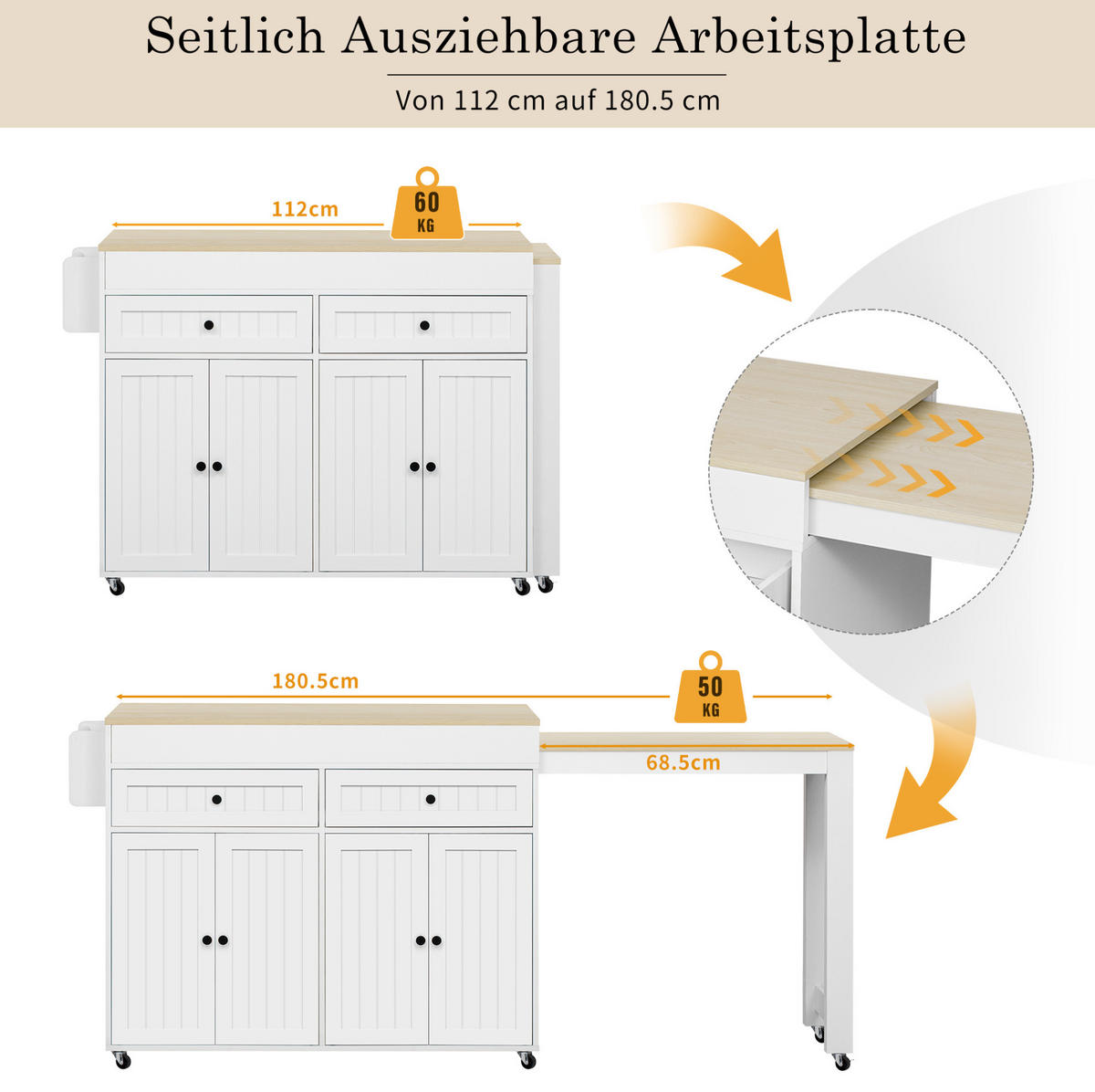 KÜCHENINSEL 112-180,5/45/92,2 cm weiß natur mit ausziehbarer Arbeitsplatte - Weiß, Holzwerkstoff (180.5/92.2/45cm) - OKWISH