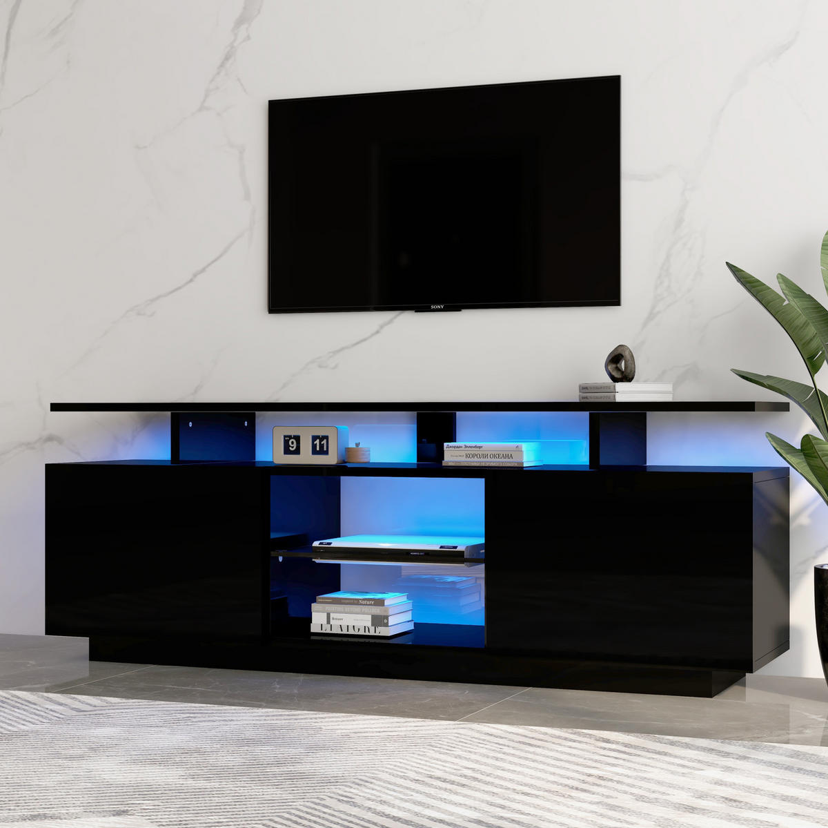 TV-SCHRANK mit LED-Beleuchtung 140 cm Schwarz Hochglanz - Schwarz, Holzwerkstoff (35/55/140cm) - Beauniv
