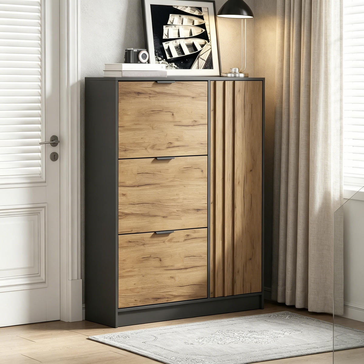 SCHUHSCHRANK in Naturfarben und Schwarz mit 3 Klappfächern und 1 Türfach für Flur, B100/T30/H130 cm - Naturfarben, Holzwerkstoff (100/130/30cm) - STILVORA
