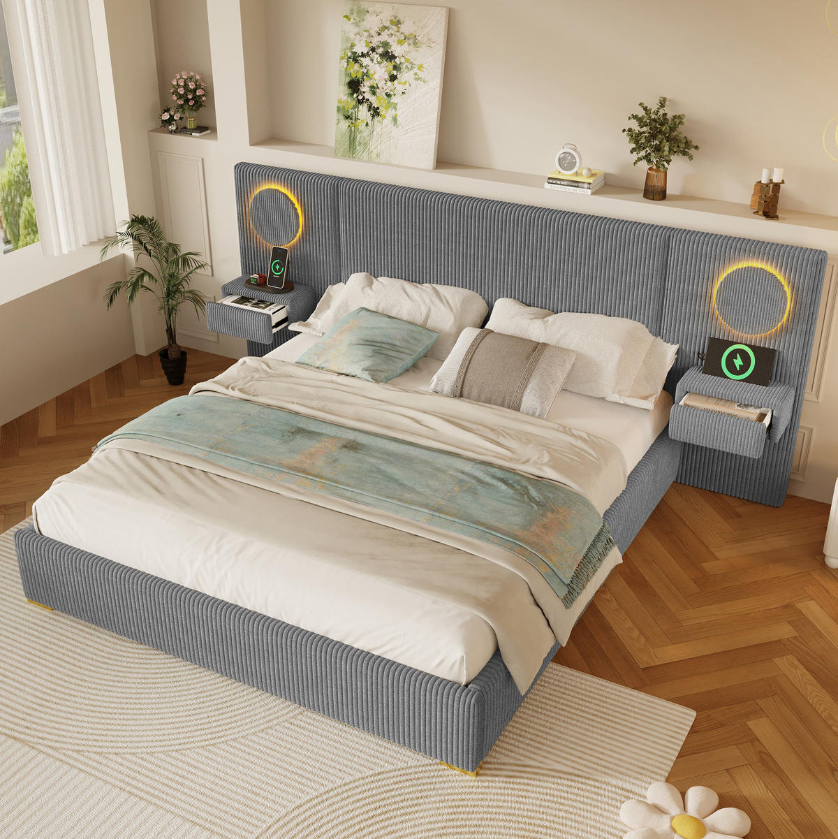 SAMETOVÁ čalouněná postel 180/200 cm s LED čelem, USB porty a nočními stolky se zásuvkami, Šedá - šedá, textil (180/200cm) - Redom