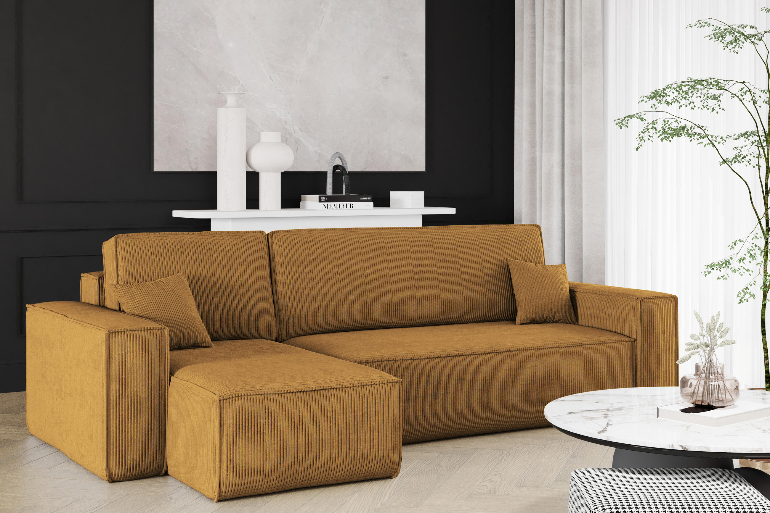 ECKSOFA Mit Schlaffunktion Und Bettkasten BEST Stoff Poso Dicker Cord Senffarbe Links - Gelb, Holz/Textil (142/244cm) - Kaiser Möbel