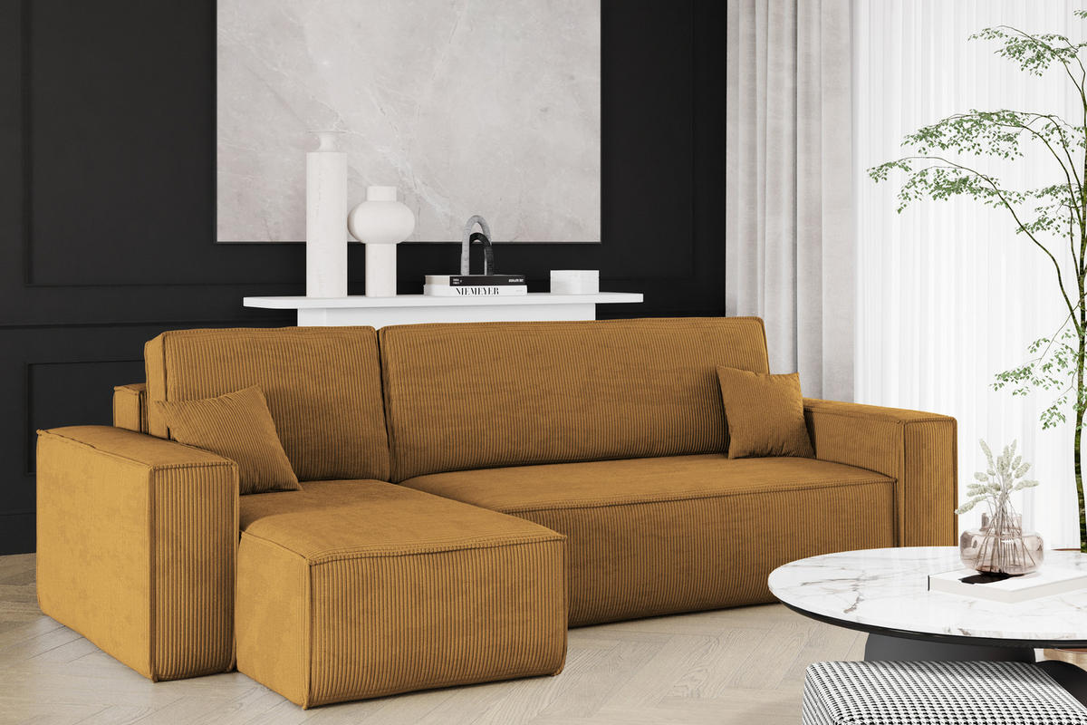 ECKSOFA Mit Schlaffunktion Und Bettkasten BEST Stoff Poso Dicker Cord Senffarbe Links - Gelb, Holz/Textil (142/244cm) - Kaiser Möbel