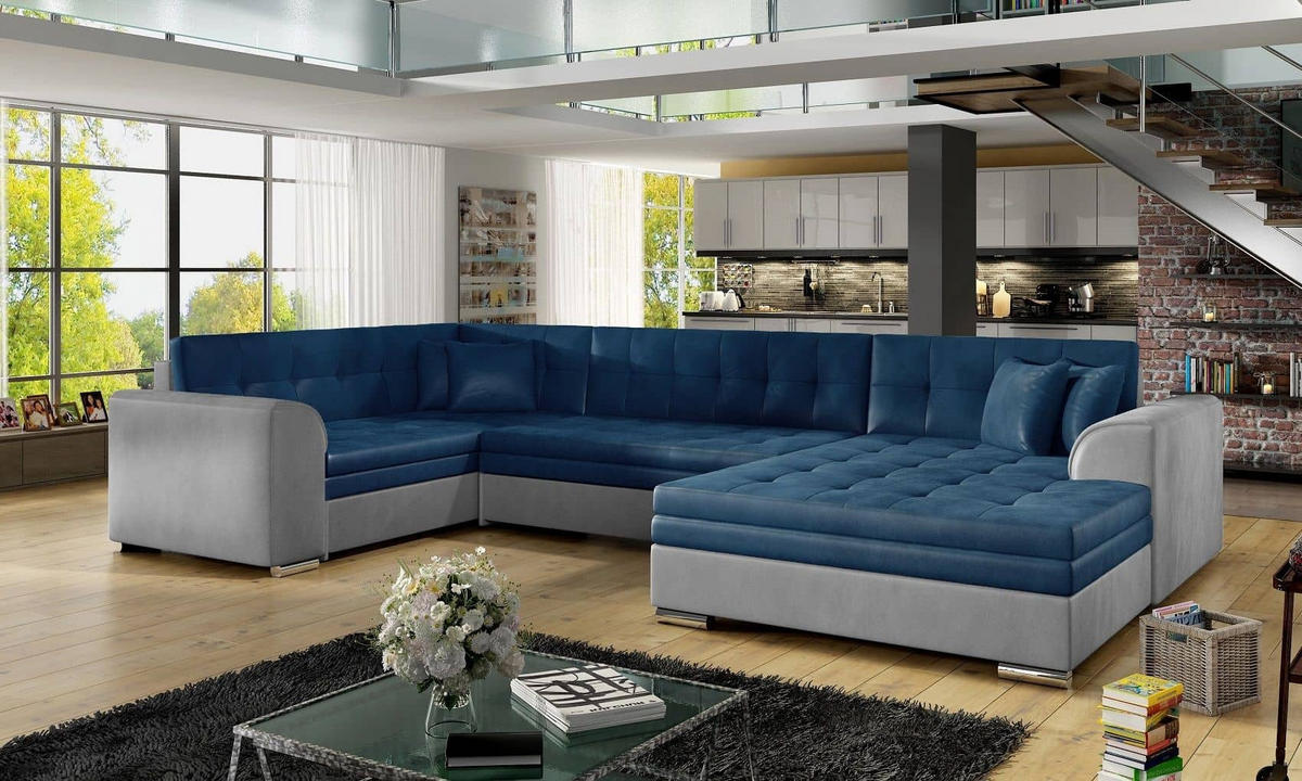 WOHNLANDSCHAFT mit Schlaffunktion, Monolith-Stoff - Chromfarben/Blau, Textil/Metall (338/78/189cm) - Eltap