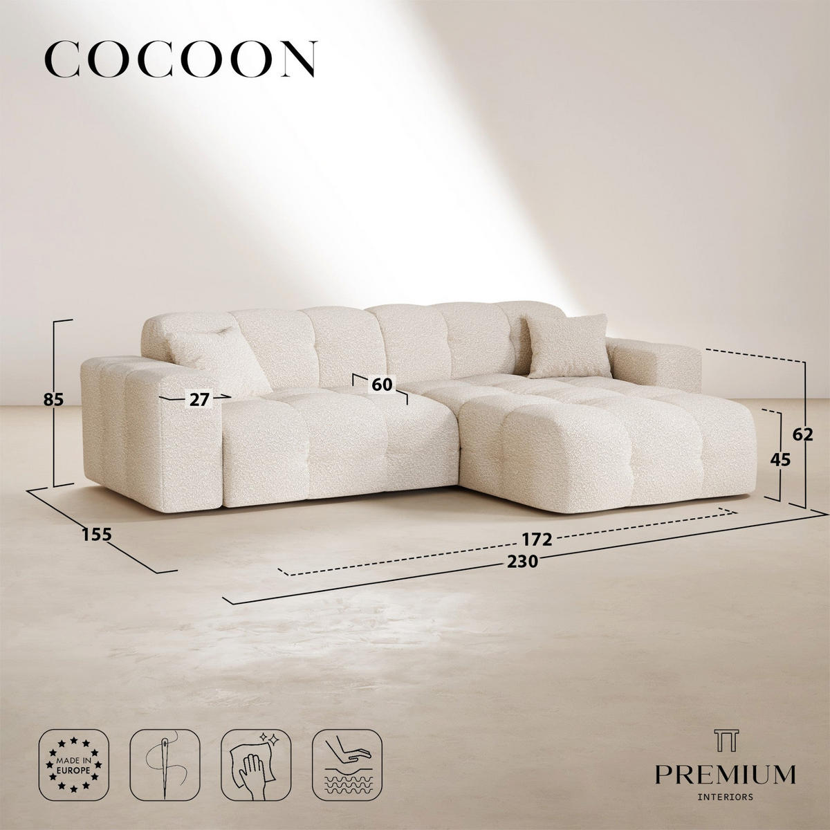 ECKSOFA rechtwinklig COCOON Geprägter Samt Creme 230cm - Creme, Textil (230/155cm) - Premium Interiors