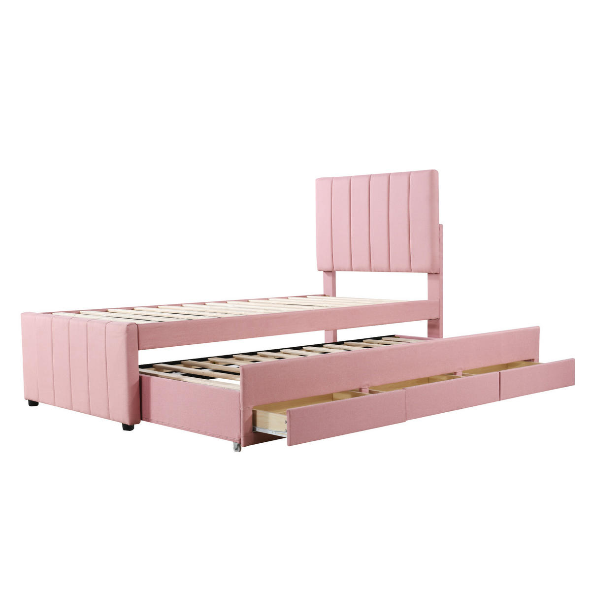 POLSTERBETT 90/200 cm Rosa mit Rollbett, 3 Schubladen & verstellbarem Kopfteil - Pink, Textil (90/200cm) - BEAOK