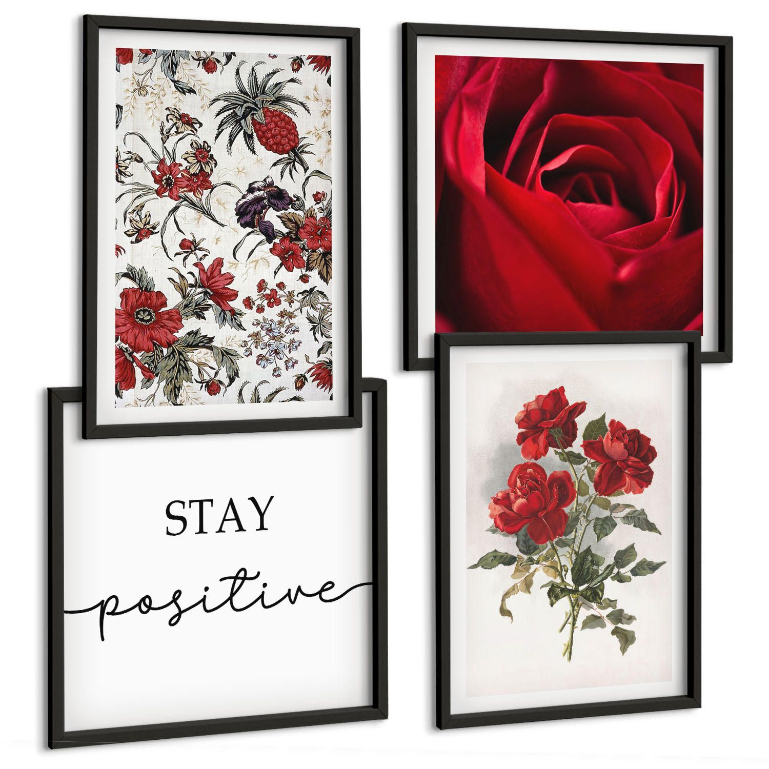 BILDER SET 4er Set - 50x50 cm & 40x60 cm Schwarzer Rahmen - Inschrift mit roten Rosen - Schwarz, Kunststoff (50/50cm) - TULUP