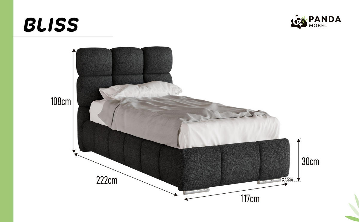 POLSTERBETT Bliss 90 x 200 cm mit Bettkasten und Lattenrost 7zonen PocketKokos Arlan (21cm) - schwarz - Schwarz, Holz (90/200cm) - Panda Möbel
