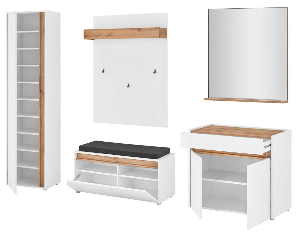 GARDEROBEN-SET 6-teilig weiß, Eiche Wotan 260 cm, Flurgarderobe mit viel Stauraum - Silberfarben/Eiche Wotan, Glas/Holzwerkstoff (260/200/40cm) - Furn.Design