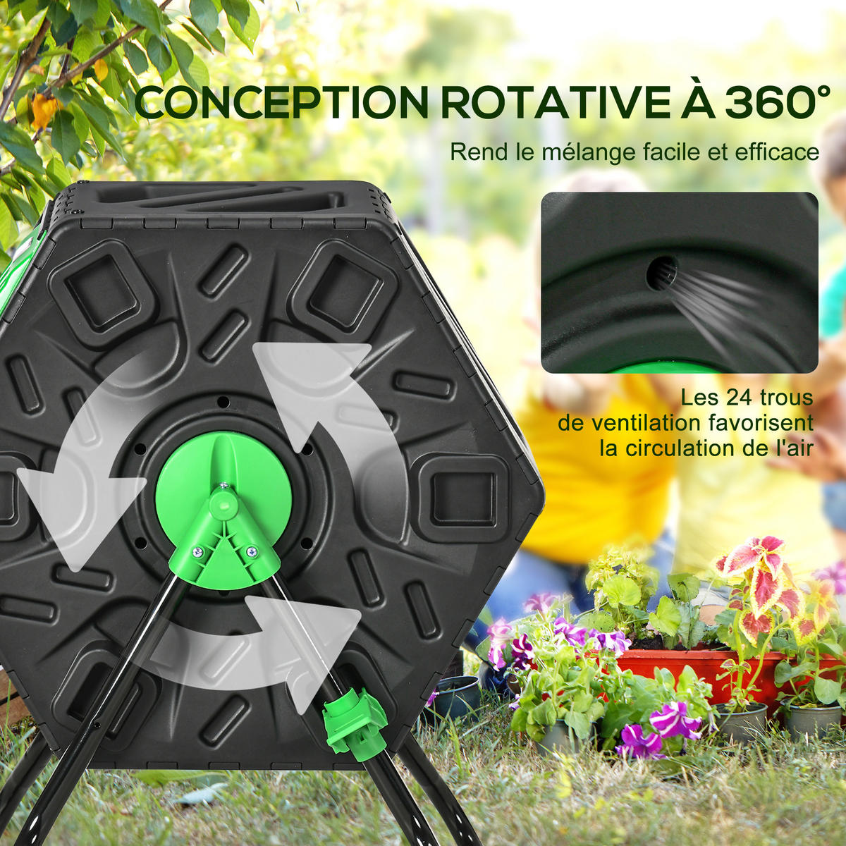KOMPOSTER DE-13781 rotierend 360° mit 65 L Schwarz - Schwarz, Kunststoff (49/77/60cm) - ComfortXL