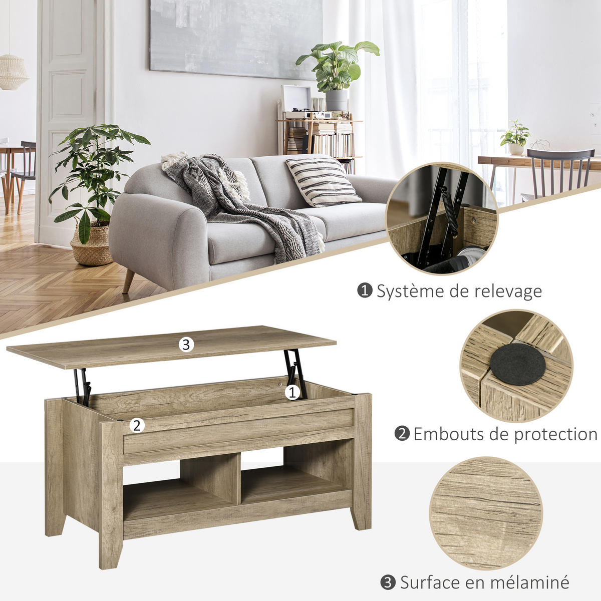 COUCHTISCH DE-15733 klappbare Platte, 105x50x49-62,5 cm Hell Eiche - Eichefarben, Holzwerkstoff (105/74/61.5cm) - ComfortXL