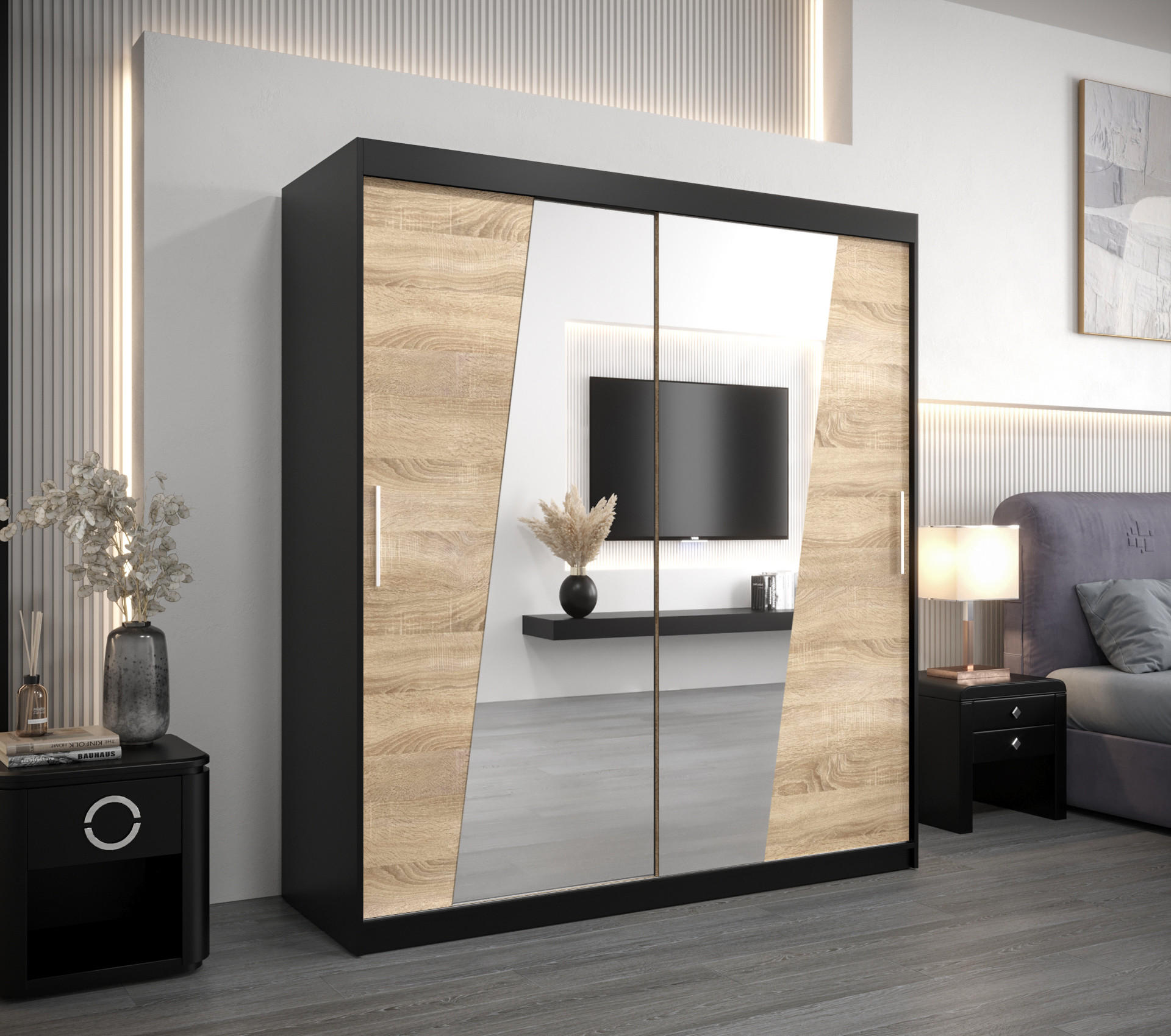 SCHWEBETÜRENSCHRANK 200/180/62 2-türig - Silberfarben/Schwarz, Holz/Kunststoff (180/200/62cm) - Abiks Möbel