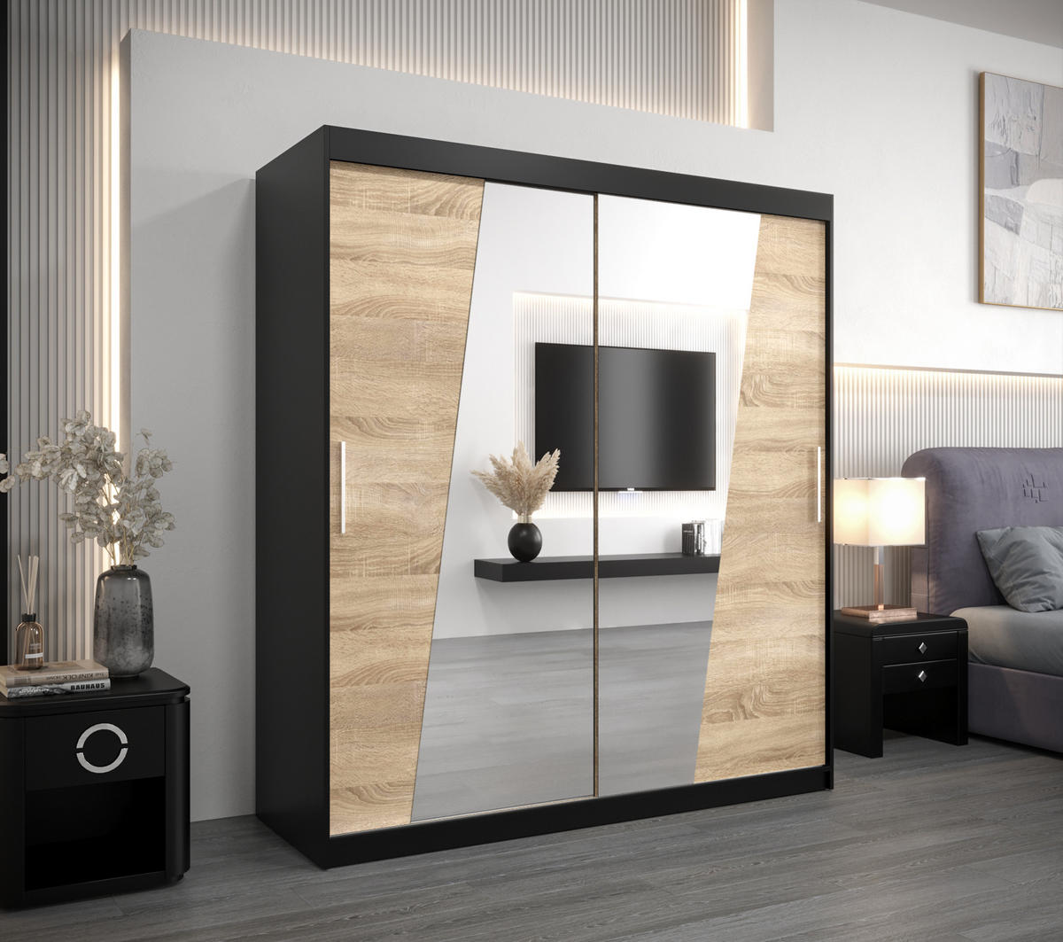 SCHWEBETÜRENSCHRANK 200/180/62 2-türig - Silberfarben/Schwarz, Holz/Kunststoff (180/200/62cm) - Abiks Möbel