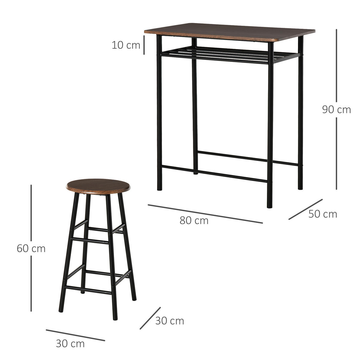BARTISCH mit Barhocker Set - Schwarz, Holzwerkstoff (50/90/80cm) - HOMCOM