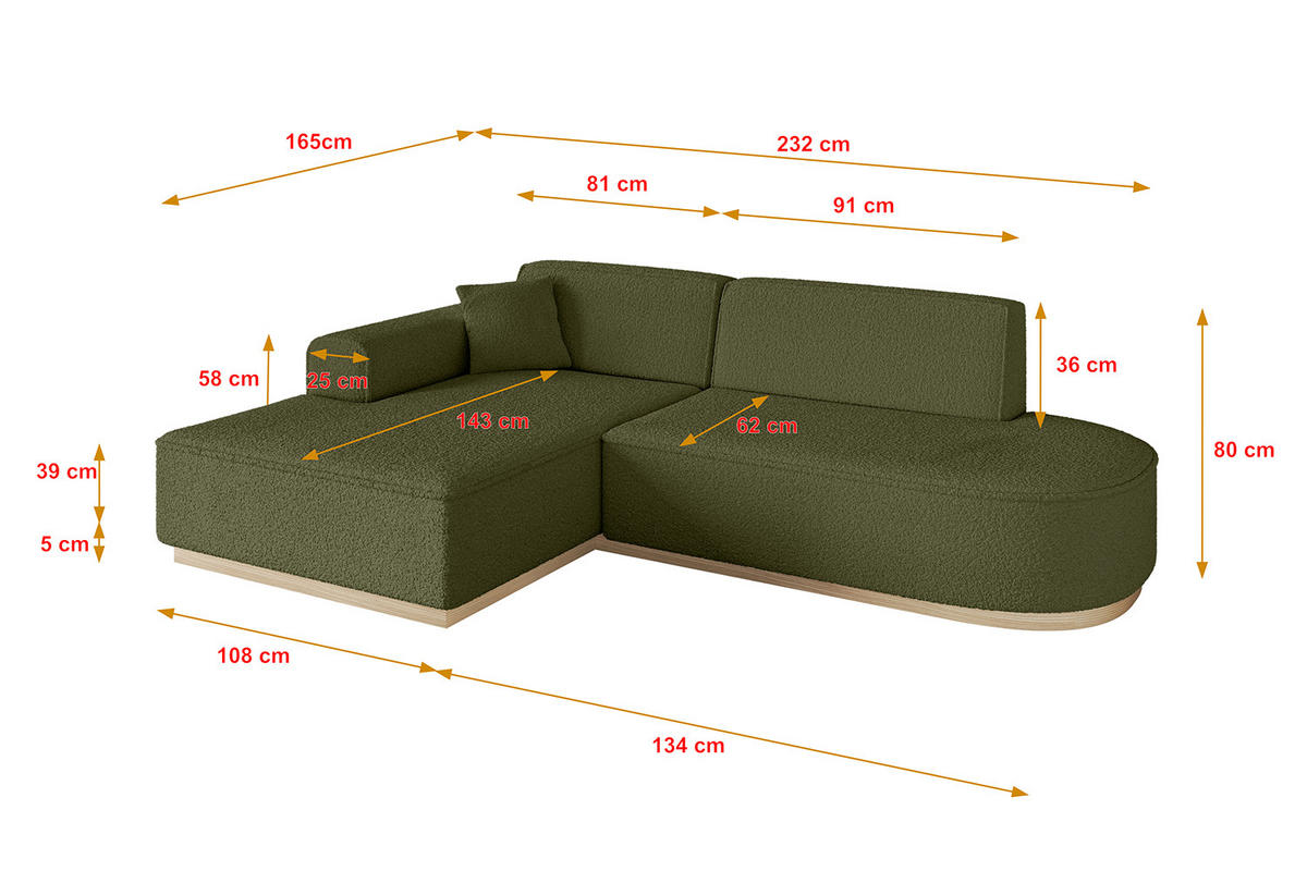 ECKSOFA Ottomane Links IREA-L1 - 232x165x80 cm Grün - Platinfarben, Holzwerkstoff/Textil (232/165cm) - ALTDECOR