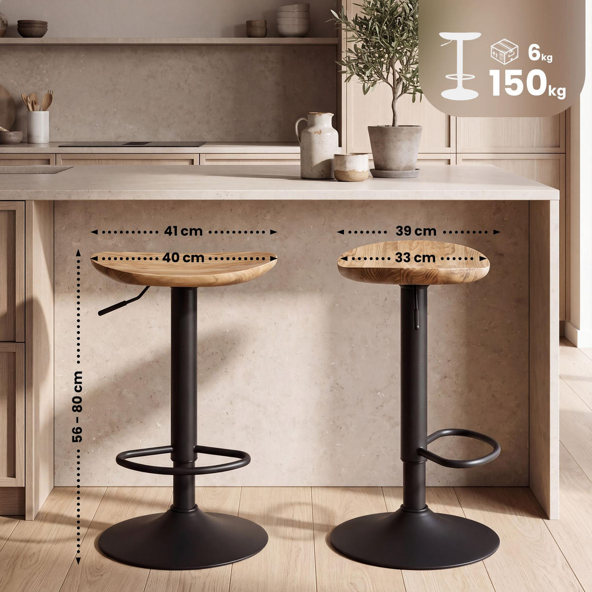 BARHOCKER 2er Set Holz Natura - Schwarz/Naturfarben, Holz/Metall (41/56/39cm) - CLP