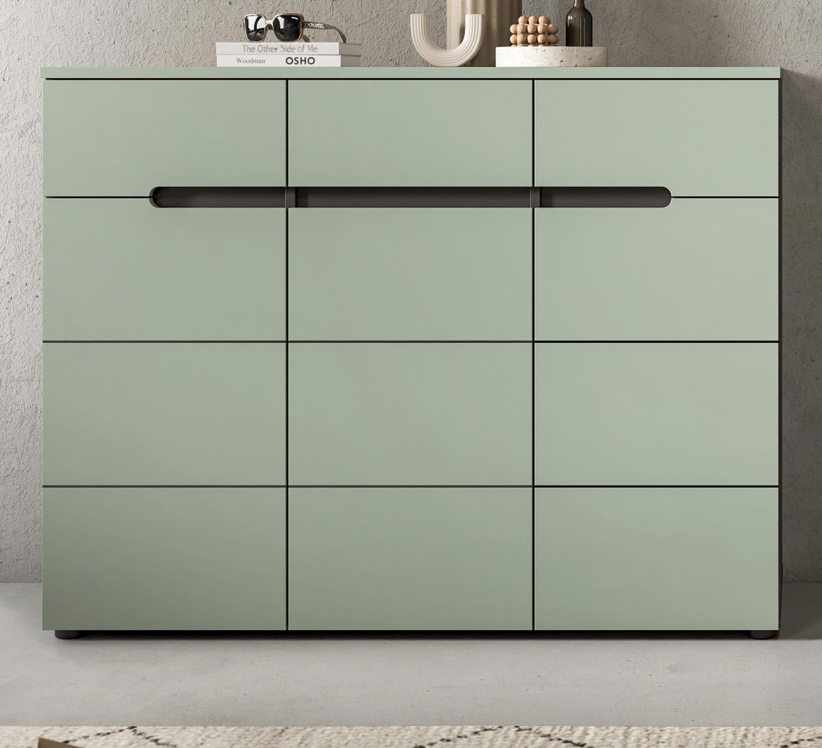 SCHUHKOMMODE Salbei grün, Baslat grau 120 cm, Flurkommode mit Soft-Close - Salbeigrün/Schwarz, Holzwerkstoff/Kunststoff (120/94/37cm) - Inn.Furn