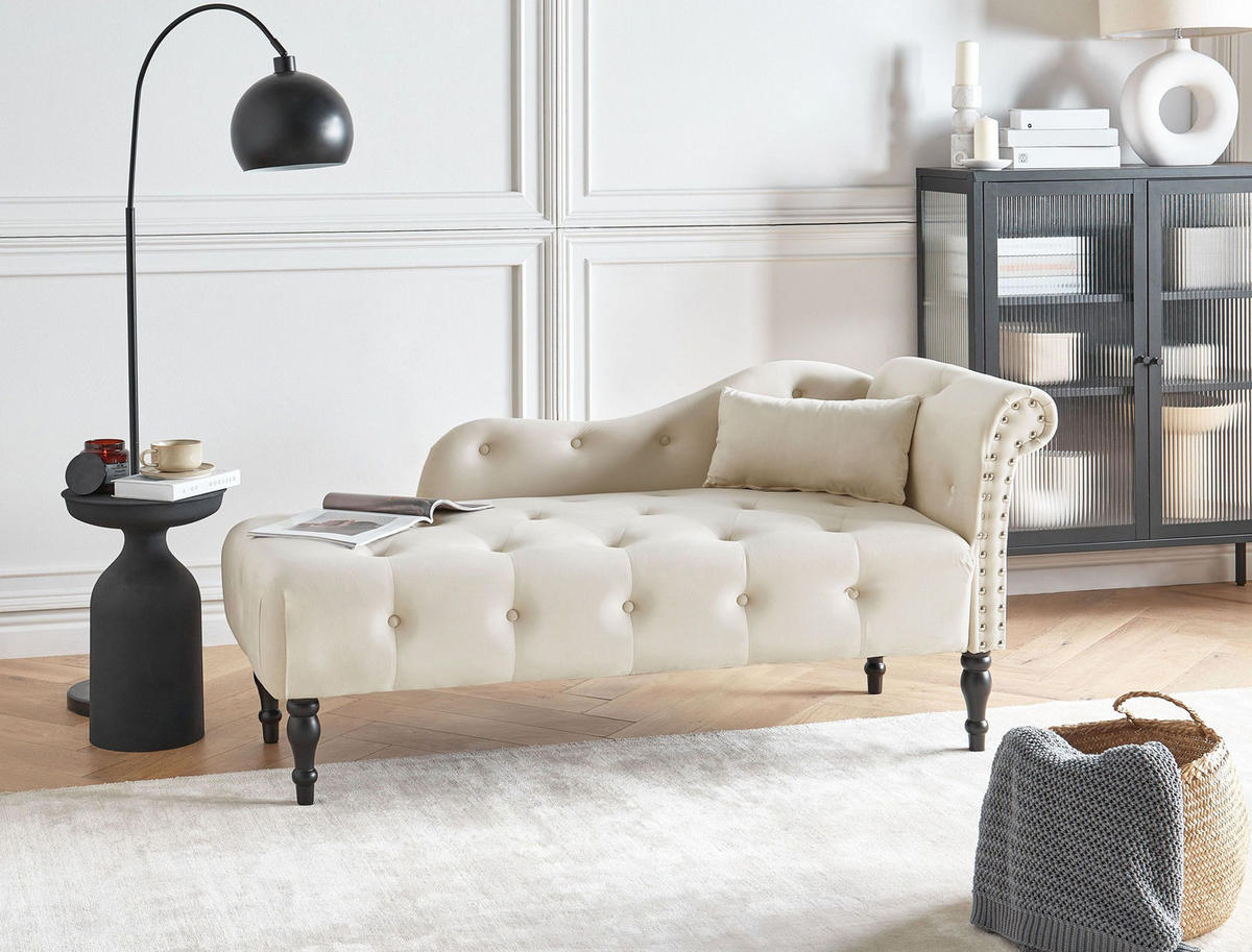 ČALOUNĚNÉ LEHÁTKO CHAISE LONGUE PRAVOSTRANNÉ Sametová látka Světle béžové Ivry - černá/béžová, textil (152/72/62cm) - Beliani