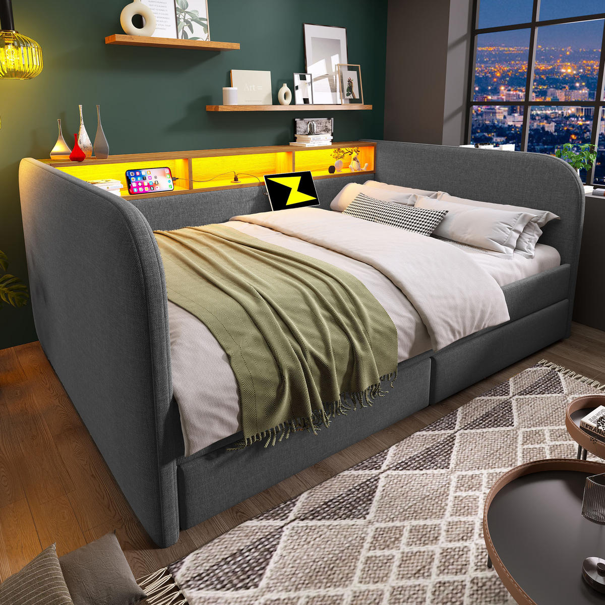 TAGESBETT 140/190 cm DE-00618, in Grau, LED und 2 Schubladen - Grau, Metall (140/190cm) - ComfortXL