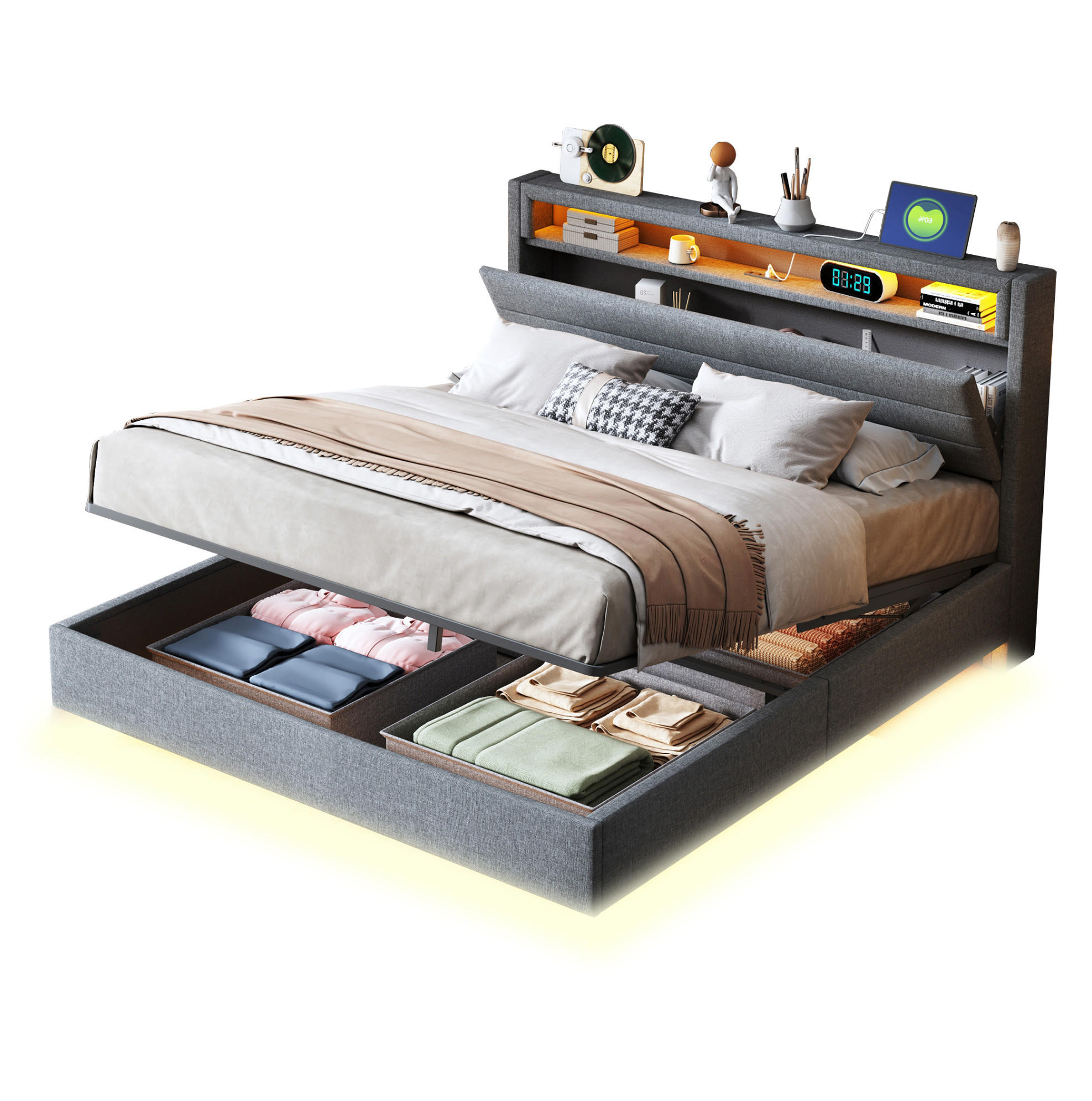 Redom ČALOUNĚNÁ postel 140/200 cm s USB portem, LED osvětlením, hydraulickým úložným prostorem a otočným čelem, Šedá