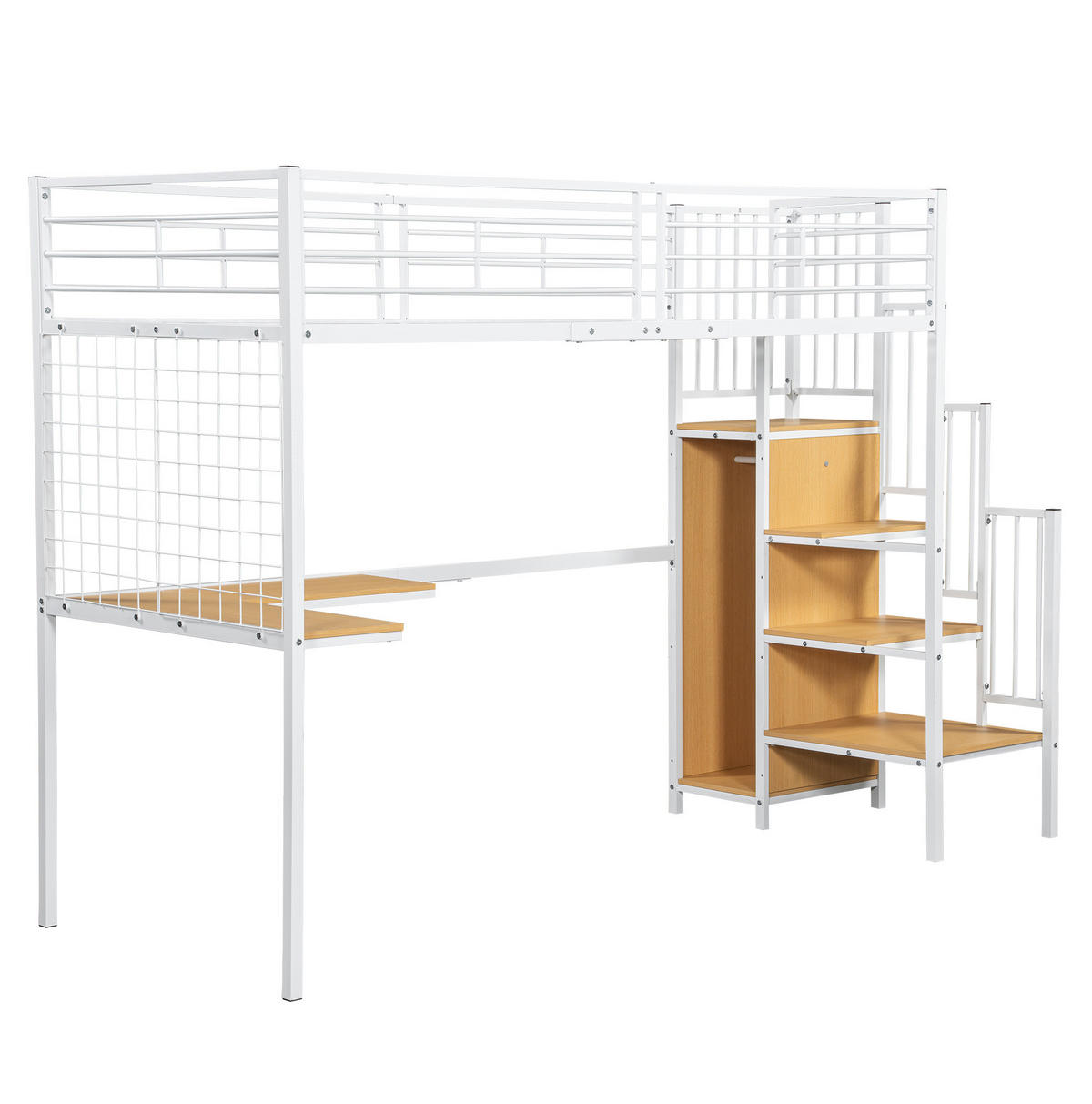 HOCHBETT 90/200 cm mit Kleiderschrank, Tisch und seitlicher Treppe aus Metall und MDF, Weiß/Natur - Weiß, Holzwerkstoff (90/200cm) - Redom