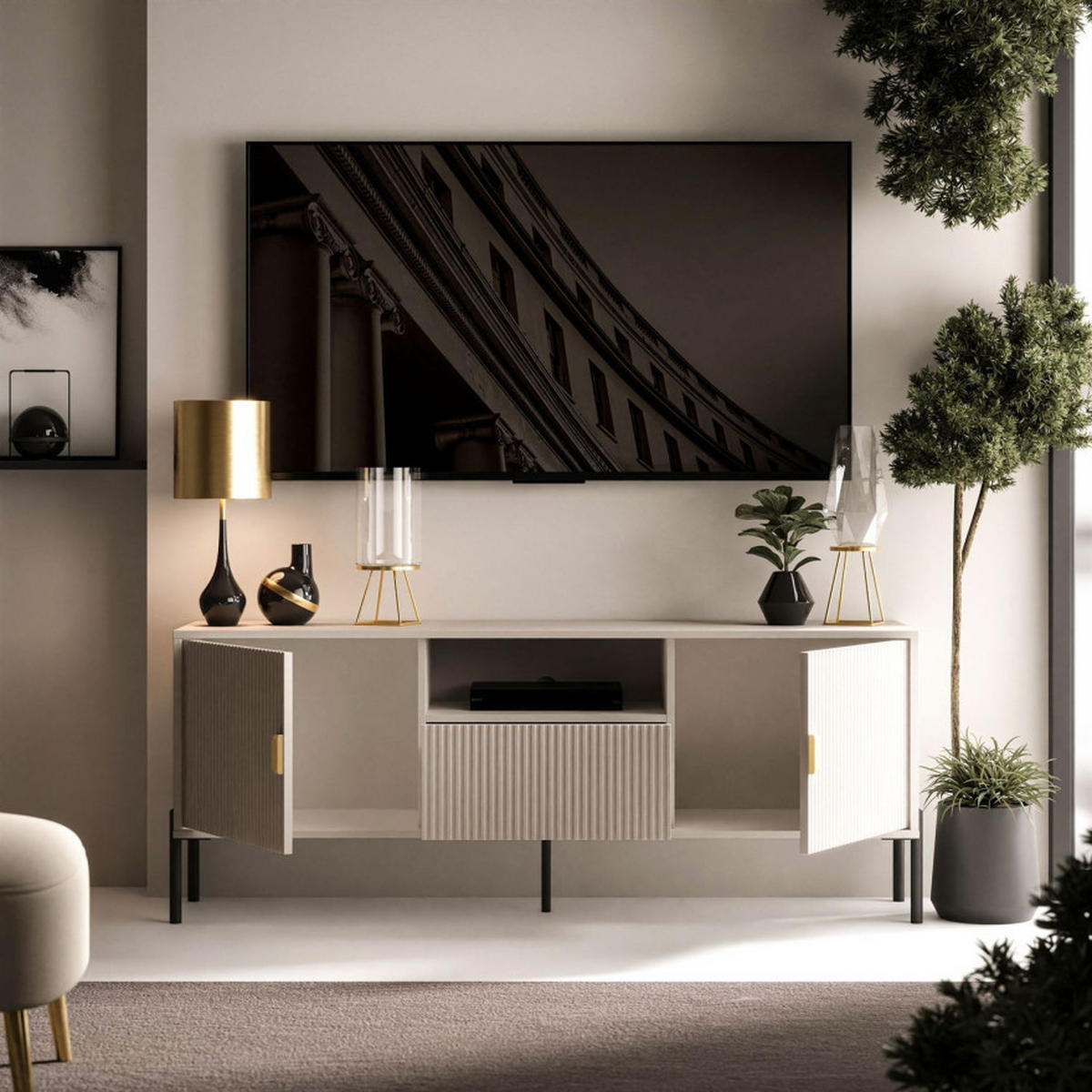 TV Rack DALIA 155 cm - Kaschmir/Goldfarben, Holzwerkstoff (155/58/40cm) - Lookway