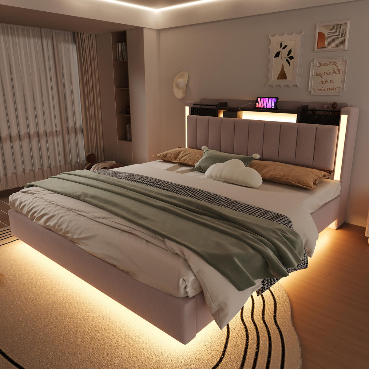 BETT mit LED und USB 160x200 cm Beige - Beige, Metall (160/200cm) - Meubliv