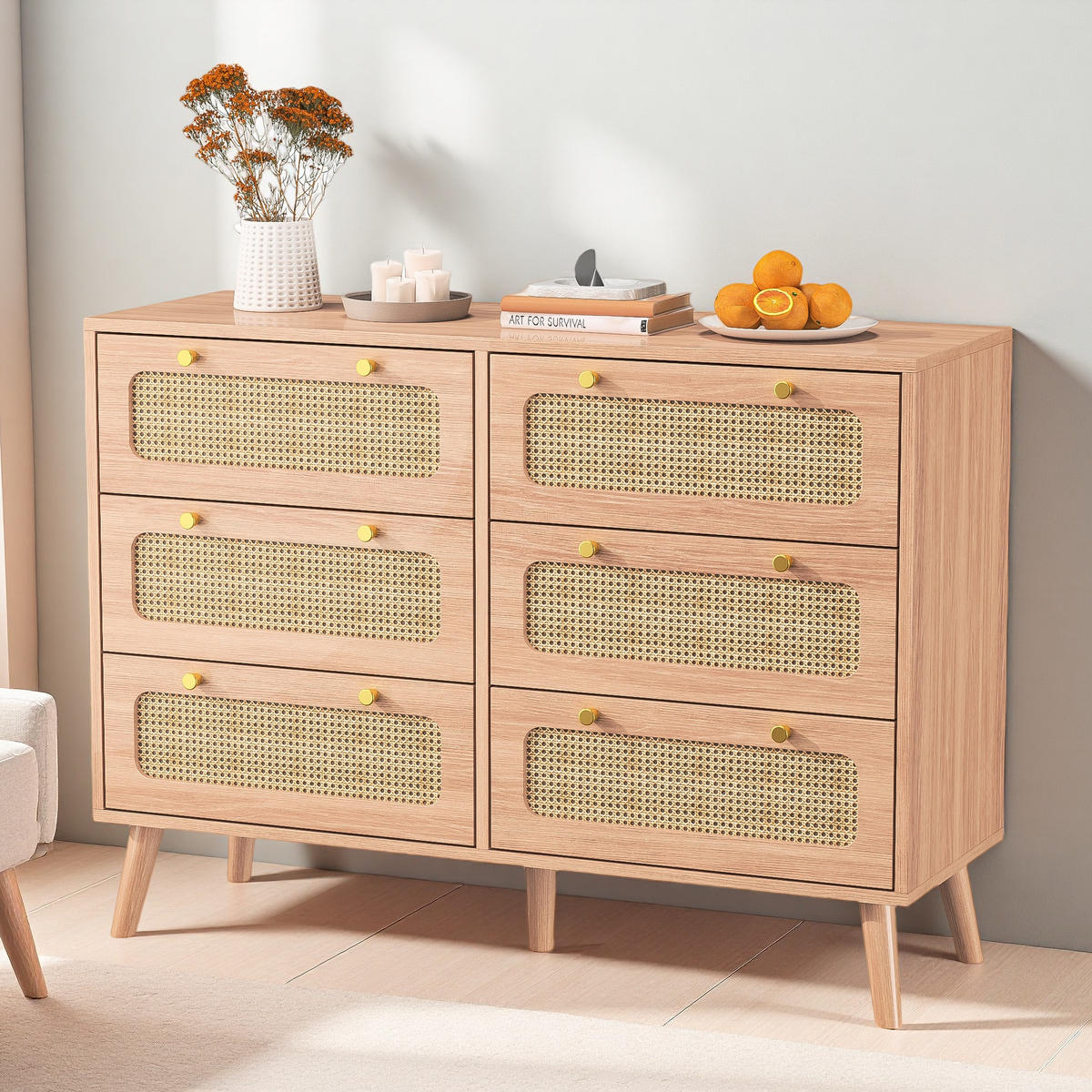 KOMMODE Buffet mit 6 Schubladen, Massivholzbeinen, Modernes Design, Braun - Braun, Holz (34/73/100cm)