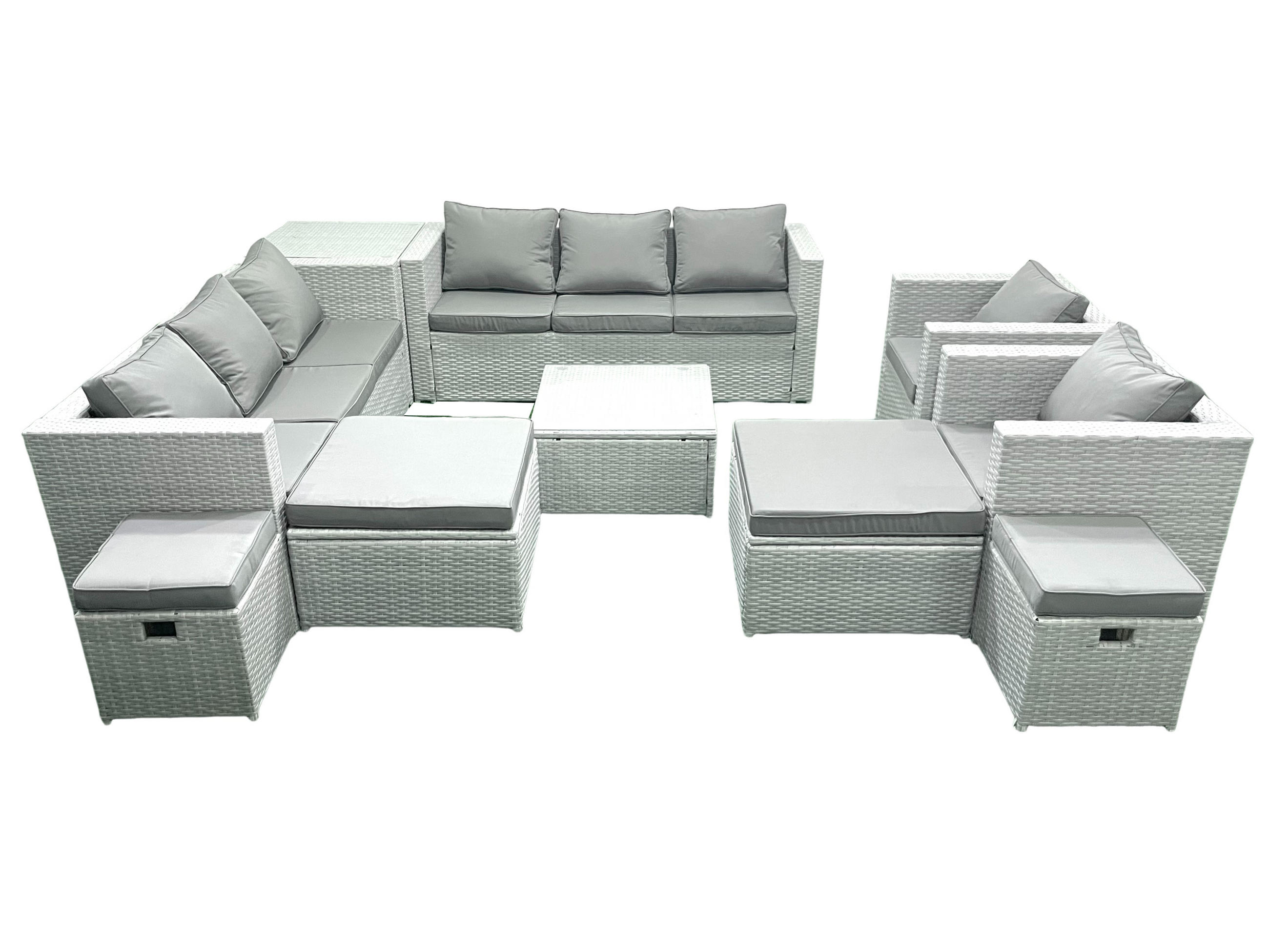 GARTENMÖBELSET mit 3-SITZER SOFA,COUCHTISCH Polyrattan Hellgrau-Mix 12-Sitzer - Hellgrau/Grau, Glas/Kunststoff - Fimous