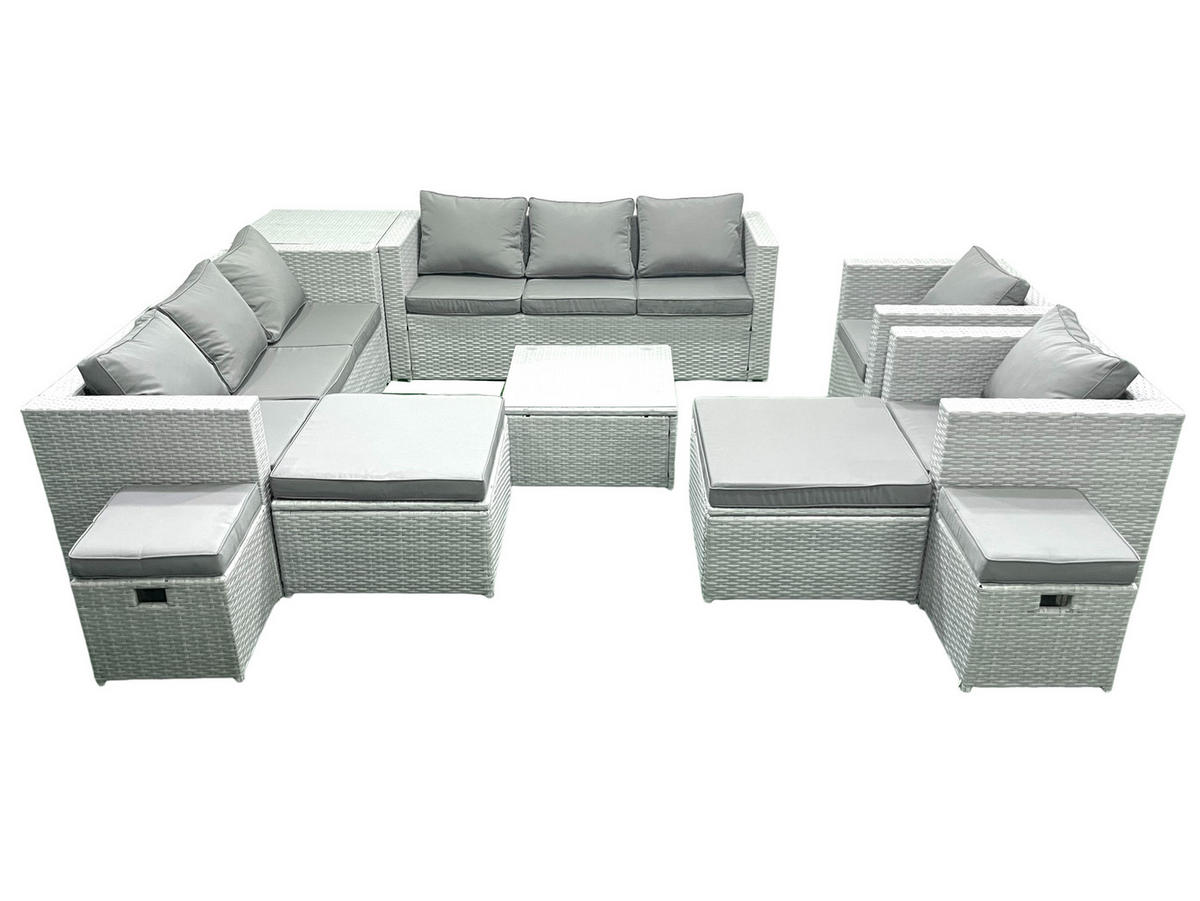 GARTENMÖBELSET mit 3-SITZER SOFA,COUCHTISCH Polyrattan Hellgrau-Mix 12-Sitzer - Hellgrau/Grau, Glas/Kunststoff - Fimous
