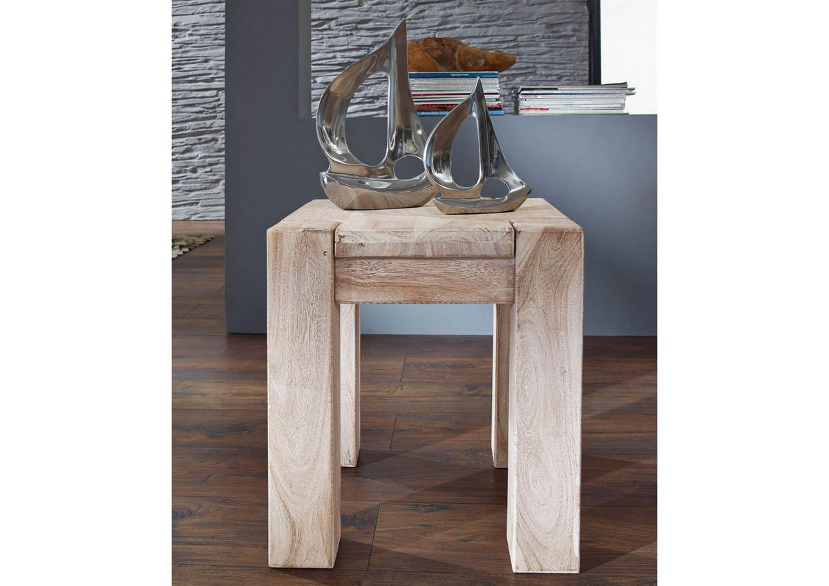 HOCKER Akazie 40x40x45 white stone getüncht NATURE WHITE #10 - Beige, Holz (40/45/40cm) - Massivmoebel24