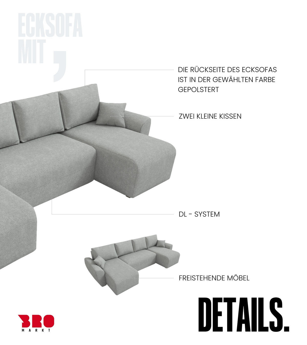 WOHLANDSCHAFT Rotterdam U mit Schlaffunktion Grau Bouclé - Hellgrau, Textil (310/80/141cm) - Bromarkt